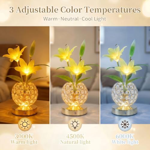 Stargazer Lily Crystal Table Lamp, Rechargeable Touch Flowers Lamp
