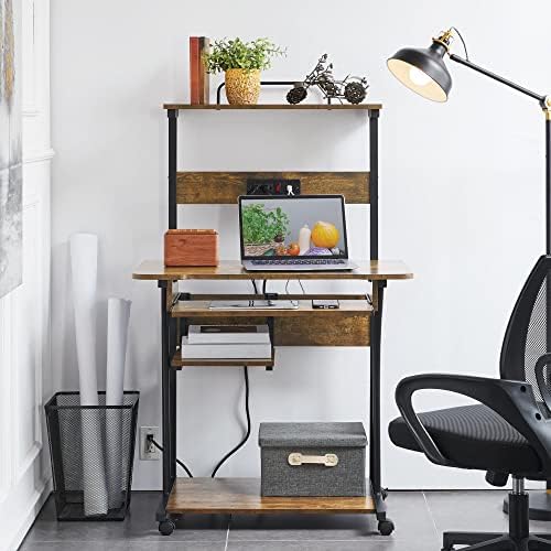 Yaheetech Small 3-Tier Rolling Computer Desk, Power Outlet, Rustic Brown