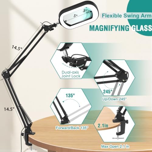 IVMAIE 12X Large Magnifying Glass with Light, Real Glass, 5 Color Modes Stepless Dimmable Magnifier with Stand, LED Lighted Clamp Desk Lamp with Swing Arm, Hands Free for Reading Crafts Close Work