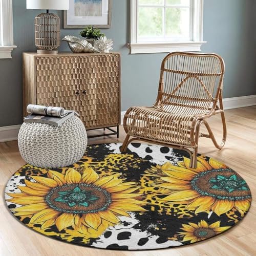 Room Sofa Yoga Soft Round Carpet, Home Decor Non Slip Kitchen Office Circle Rug, Machine Washable Modern Round Area Rug Retro Sunflowers Animal Leopard Print Art, 60inch