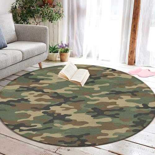 Room Sofa Yoga Soft Round Carpet, Home Decor Non Slip Kitchen Office Circle Rug, Machine Washable Modern Round Area Rug Green Camouflage Army Camo