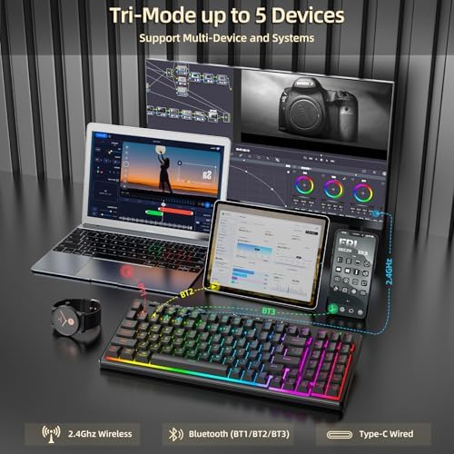 Redragon K517 Pro Wireless Gaming Keyboard, RGB Backlit, Tri-Mode BT/2.4GHz/USB-C, Mechanical Feel 94 Keys Computer Keyboard with 4 Macro Keys, Number Pad, 4000mAh Battery for Win/MAC