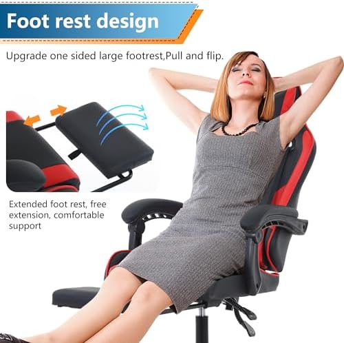 PayLessHere Ergonomic Racing Desk Chair Computer Chair Gaming Chair with Footrest Lumbar Support Headrest Armrest Task Rolling Swivel Ergonomic E-Sports Adjustable PC Gamer Chair (Red)