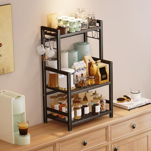 Kitchen Countertop Organizer, 3 Tier Large Spice Rack Organizer with Adjustable Shelf and 5 Hooks, Wooden Counter Organizer, Space Saving Countertop Shelf Microwave Stand for Kitchen,Coffee Bar,Black