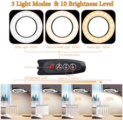 15X Magnifying Glass with Light – Real Glass Lens, 3 Color Modes & Adjustable Brightness – 2-in-1 Desk Lamp with Clamp & Heavy Base – Flexible Swing Arm – Ideal for Crafts, Reading, Repair, Seniors