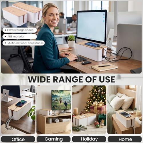 Tuwechen 2 Pack Cable Management Box, Wooden Style Cord Organizer Box
