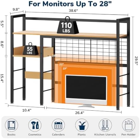 Desk Shelf, 38.6" Desk Hutch with Pegboard Hooks Set, Natural