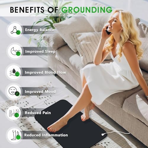 Grounding Mat for Feet Earthing Pad with 15ft Cord Conductive Carbon Fiber for Improved Sleep Pain Relief Muscle Relaxation Stress Reduction Wellness Mat for Bed Desk Couch Yoga(35"x24")