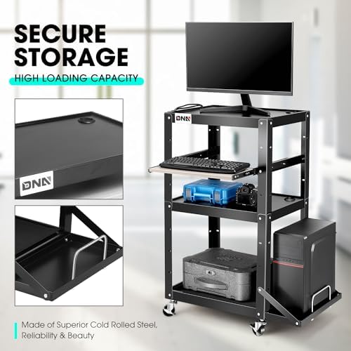 DNA Motoring Steel AV Cart 3-Layer Rolling Projector Utility Cart, 24" X 18" X 24.6"- 42.5" Height Adjustable, with Wheels, Pullout Keyboard Tray, Power Strip, Cord Management, TOOLS-00497