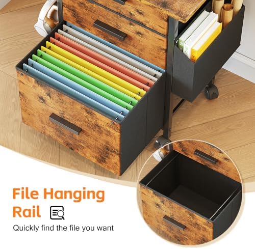 3-Drawer Mobile File Cabinet with 22" Wide Printer Stand, Fabric Filing Cabinet with Side Bag & Headphone Hook, Fits Letter/A4 Size Hanging File Folders, Rolling Home Office Organizer, Rustic Brown