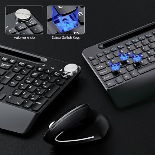 Full-Size Ergonomic Keyboard and Mouse, 2.4GHz Wireless Keyboard and vertical Mouse with Tablet Phone Holder, Wrist Rest for Computer Mac PC Laptop Chromebook, Black