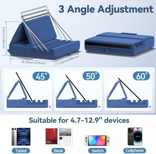 KDD Tablet Pillow Holder, Foldable iPad Stand for Lap, Bed and Desk -Tablet Soft Pad Dock with Pocket & Stylus Mount Compatible with iPad Pro 12.9, 10.5, 9.7 Air Mini 6 5 4 3, Galaxy Tab,E-Reader