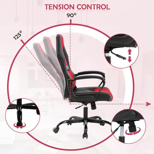 Red Massage Gaming Chair for Kids, Ergonomic Office Chair Computer Chair with Adjustable High Back & Armrest, PU Leather Gamer Chair with 360°Swivel, Heavy Duty Gaming Chairs for Adults, Teens