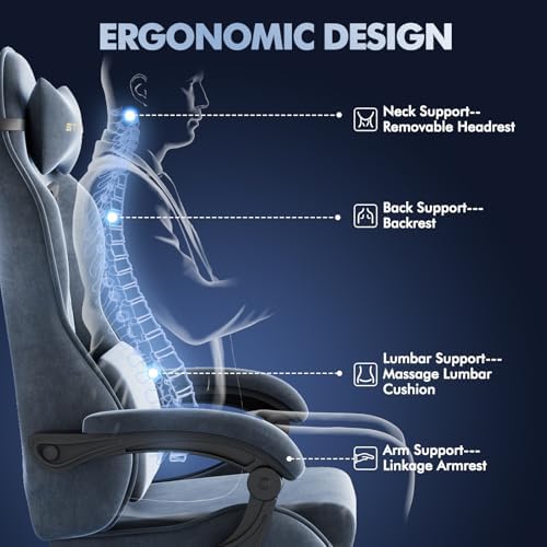 Soontrans Grey Velvet Gaming Chair with Footrest, Ergonomic Reclining Computer Desk Chair, Massage Lumbar Cushion & Headrest, Comfortable Video Game Chair for Adults