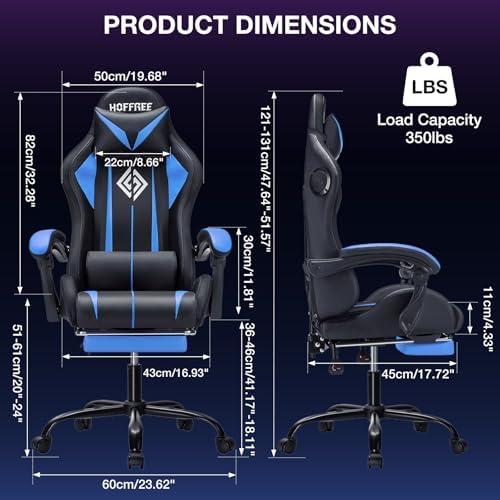 HOFFREE RGB Gaming Chair with Speakers Massage LED Lights Game Chair-Blue