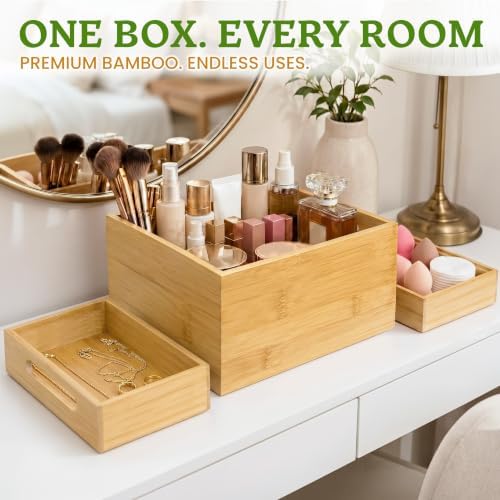 HOMESTEAD 3-Piece Stackable Bamboo Storage Box, Large Storage Bin, Wooden Boxes for Makeup Drawer Organizer Bathroom, Office Supplies, Kitchen Utensils, Bamboo Storage Containers