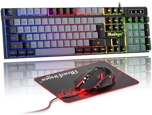 BlueFinger RGB Gaming Keyboard and Backlit Mouse Combo, USB Wired, LED Gaming Set for Laptop PC Computer Game and Work(Black & Gray)