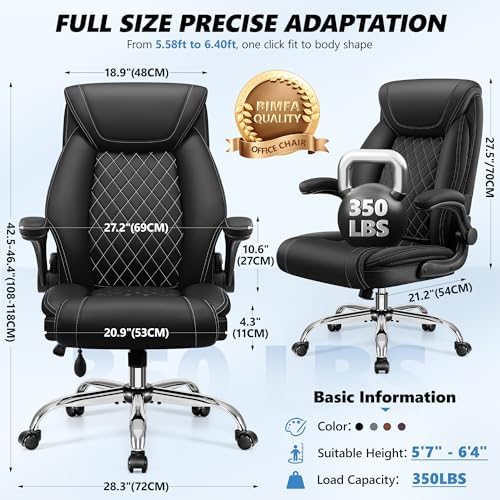 BestGlory Executive Office Chair with Lumbar Support, Big and Tall Ergonomic Computer Desk Chair, Leather Comfy High Back Gaming Chair with Flip Up Arms & Rocking Function for Home Office, Black