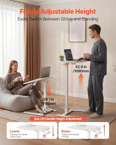 VEVOR Standing Desk, Adjustable Height Mobile Stand Up Desk with Tilting Desktop, 25.6 x 19 in Small Computer Sit Stand Workstation, 33 lbs Capacity, Pneumatic Lift for Home Office, Fully Assembled