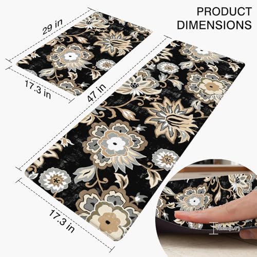 Boho Floral Anti Fatigue Kitchen Rugs, 17.3"x47"+17.3"x29"