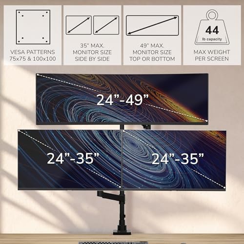 Mount-It! Heavy-Duty 2+1 Triple Monitor Mount, Stacked Ultrawide Desk Monitor Arm for One 49” Screen + Two 35” Monitors, 44 lb Gas Spring Arms, Clamp & Grommet Mount