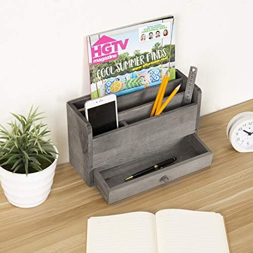 MyGift Rustic Gray Solid Wood Office Desk Supplies and Stationery Organizer, 5 Slot Wooden Desktop Mail Sorter, Document and Magazine Holder with Pull Out Drawer