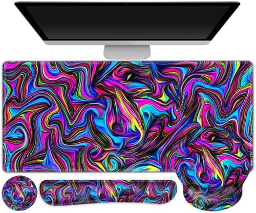 Gaming Mouse Pad, Large Desk Mat, Cute Desk Pad Protector, 4in1 XXL Mousepad + Keyboard Wrist Rest+Mouse Wrist Rest+Coaster Set with Ergonomic Desk Pad for Home Office Computer, Dazzling Bright Color