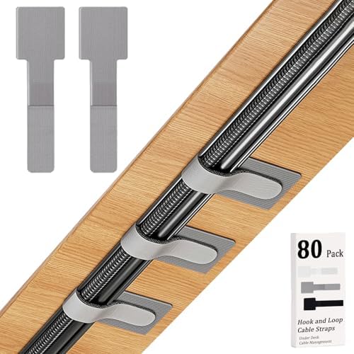 80PCS Hook and Loop Cable Straps, Cable Management Under Desk, Adhesive Cable Ties, Reusable Wire Organizers for Cords, Cords Management, Computer Accessories for Desk, Home Office Essentials, Gray