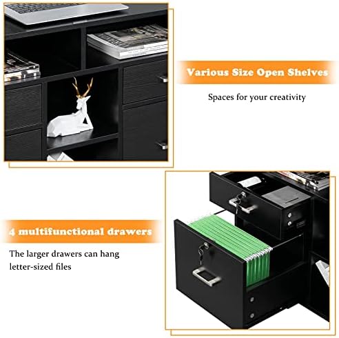 VINGLI Wood Mobile File Cabinet with 4 Drawers and Shelves, Printer Stand with Open Storage, Locking Lateral Filing Cabinet for Home Office, Black