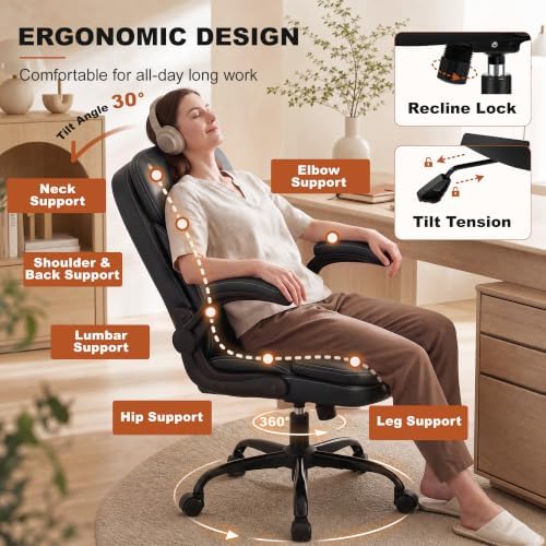 Leather Office Chair, Computer Desk Chair with Dual Back Support