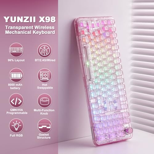 YUNZII X98 Clear Wireless Mechanical Keyboard with Knob (Pink, Snow Switch)