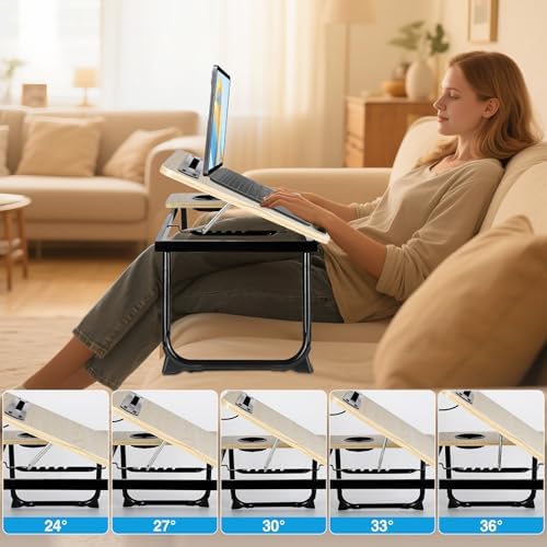 Laptop Bed Desk, Adjustable Lap Desk, Small Laptop Table with USB Charge Port, Desktop Card &Pen Slot, Cup Holder, Foldable Bed Tray Table for Couch Sofa Chair Floor Eating Working