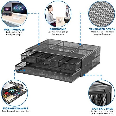 MOUNT-IT! Computer Monitor Stand With Drawers, Metal Mesh Riser and Organizer for Laptops and Computer Screens, Laptop, and Printer Accessories and Office Supplies (Black)