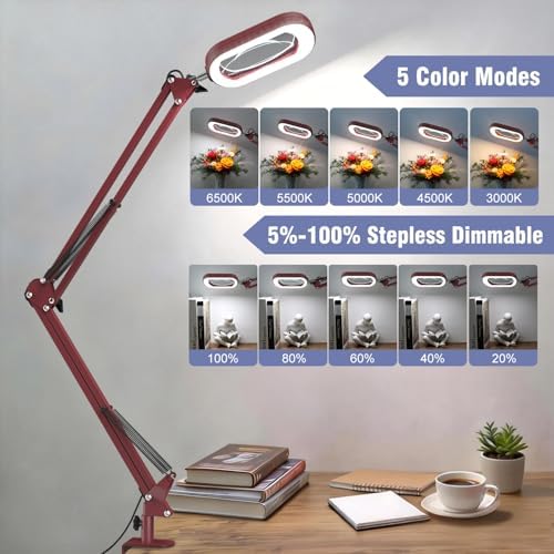 16" Extra Long Magnifying Glass with Light and Clamp, Real Glass, 5 Color Modes, Stepless Dimmable, Lighted Magnifier with Stand Hands Free, LED Swing Arm Desk Lamp for Close Work, Craft, Red