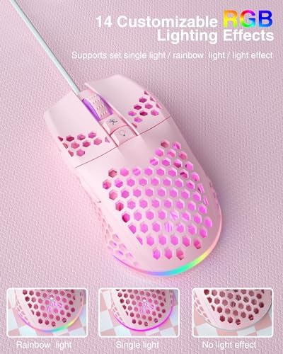SOLAKAKA SM900 Wired Gaming Mouse with Honeycomb Shell,12800 DPI,7 Programmable Buttons,Lightweight Gaming Mice Ergonomic Computer Mouse Gaming for Windows/PC/Mac/Laptop Gamer (Pink)