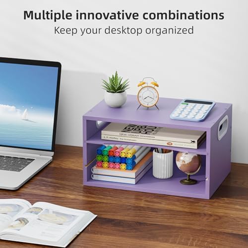 Marbrasse 3 Tier Wood Desk Organizer, Paper Letter Tray Organizer，Purple