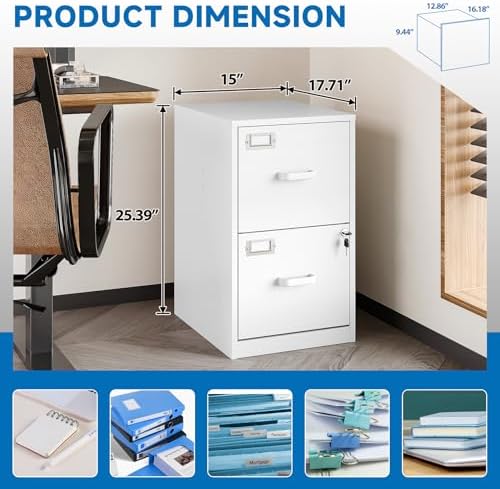 BYNSOE 2 Drawer File Cabinet with Lock Vertical Filing Storage Office Home Steel Vertical File Cabinets for Letter Size File Cabinet Locked,Assembly Required
