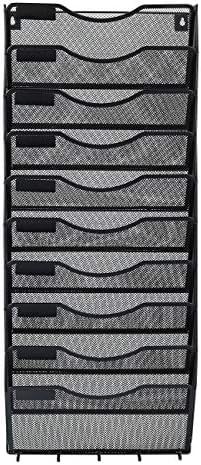 EasyPAG 10 Pocket Mesh Wall File Organizer with Key Hooks, Hanging Paper Folder Holder with Classify Label, Vertical Wall Mount Mail Organizer for Office Home Classroom, Black