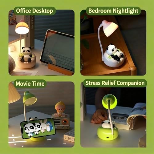 Cute Panda Night Light with Phone Stand & Storage, Rechargeable Bedside Lamp, 3-Level Touch Control Adjustable, LED Desk Lamp with USB for Bedroom Study Room, Boys Girls Gift (Green)