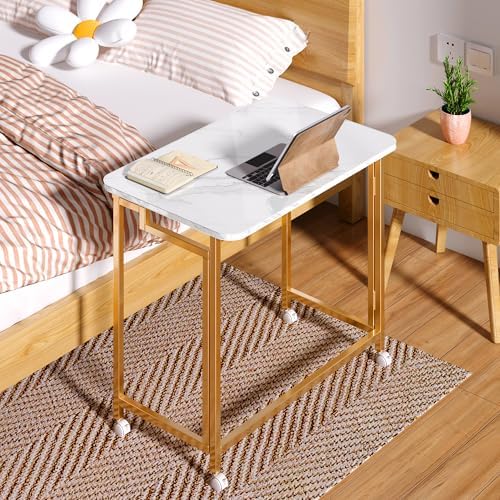 4NM 23.6" Mobile Small Rolling Computer Desk, Folding Laptop Cart Table with Wheels, Portable Office Desk for Small Space Couch Bed - White and Golden