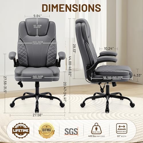 Ergonomic Office Chair, PU Leather High Back Executive Chair with Adjustable Inflatable Lumbar Support and Padded Flip-Up Arms, Recline Swivel Task Computer Chair for Home Office, Gray