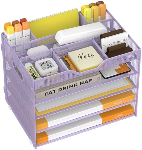 5 Tier Paper Letter Tray Desk Organizer with Pen Holders - Purple