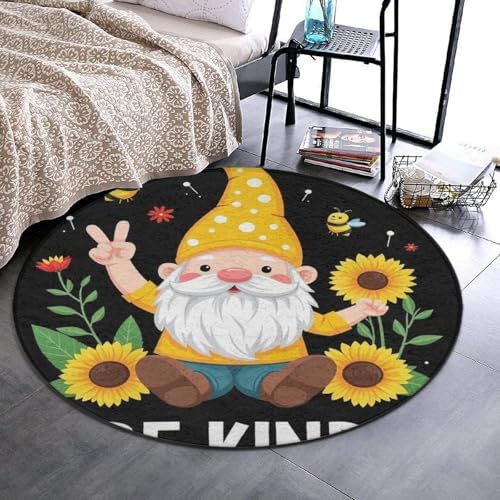 Large Home Decor Mat, Soft Round Yoga Carpet, Non Slip Machine Washable Home Office Circle Rug Be Kind Sunflower Gnome
