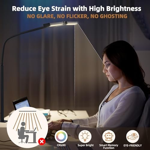 Motumen Led Desk Lamp for Home Office, Eye-Care Desk Light Clamp, White