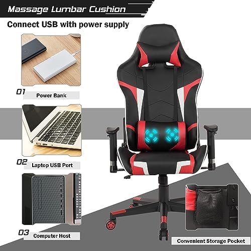 DORTALA Ergonomic Gaming Chair, High-Back Racing Chair w/Massage Lumbar Support, Extra Power Bank Pocket, 360° Swivel, Adjustable Backrest & Armrest, for Office, Game Room (Red)
