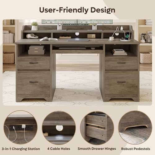 Bestier 59" Executive Desk with Charging Station & Monitor Stand, Grey