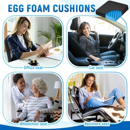 Geiserailie 2 Set Breathable Mesh Cover Egg Chair Cushion with Non-Slip Cover Foam Pad Set for Chairs Relieve Back Foam Seat Recliner Cushions 4" Thick Office Chair Accessories Pad (Blue)