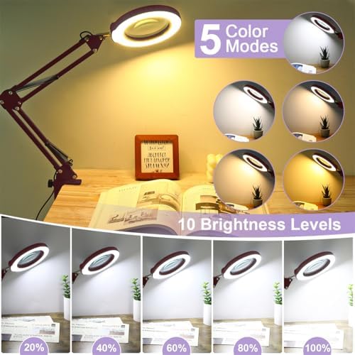 12X Magnifying Glass with Light and Clamp, Real Glass Lens Lighted Magnifier with Stand, 5 Color Modes LED Dimmable Magnifying Desk Lamp Hands Free for Crafts Painting Sewing Close Work - Red