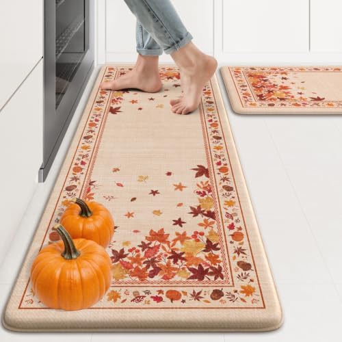 KIMODE Fall Kitchen Mats Cushioned Anti Fatigue 17"x47"+17"x29", Beige Kitchen Mats for Floor, Padded Kitchen Floor Mats Non Slip, Autumn Maple Leaves Standing Mat for Laundry Office Sink Desk