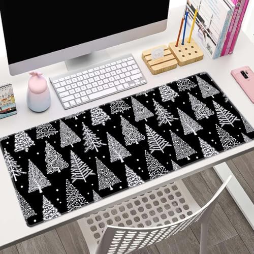 Gaming Large Mouse Pad with Stitched Edges, Christmas Tree Black White Leaf Circle Polka Dot Desk Mat, Extended Keyboard Pad, Non-Slip Rubber Base Desk Pad for Keyboard and Mouse, 31.5X11.8 inch